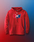 A white hoodie with a USA Wrestling logo graphic print of a stylized American flag and an animal on the front, displayed against a two-tone background.
