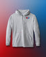 A light gray pullover hoodie displayed against a red-to-blue gradient background. The hoodie features a front kangaroo pocket, ribbed cuffs, and a drawstring hood. On the upper left chest, there's a small white hexagonal RUDIS logo. On the right chest, a red, white, and blue USA Wrestling logo shows a wrestler in action over a map of the United States. Below the pocket, centered on the lower torso, is small text reading "USA WRESTLING" in black and red font.
