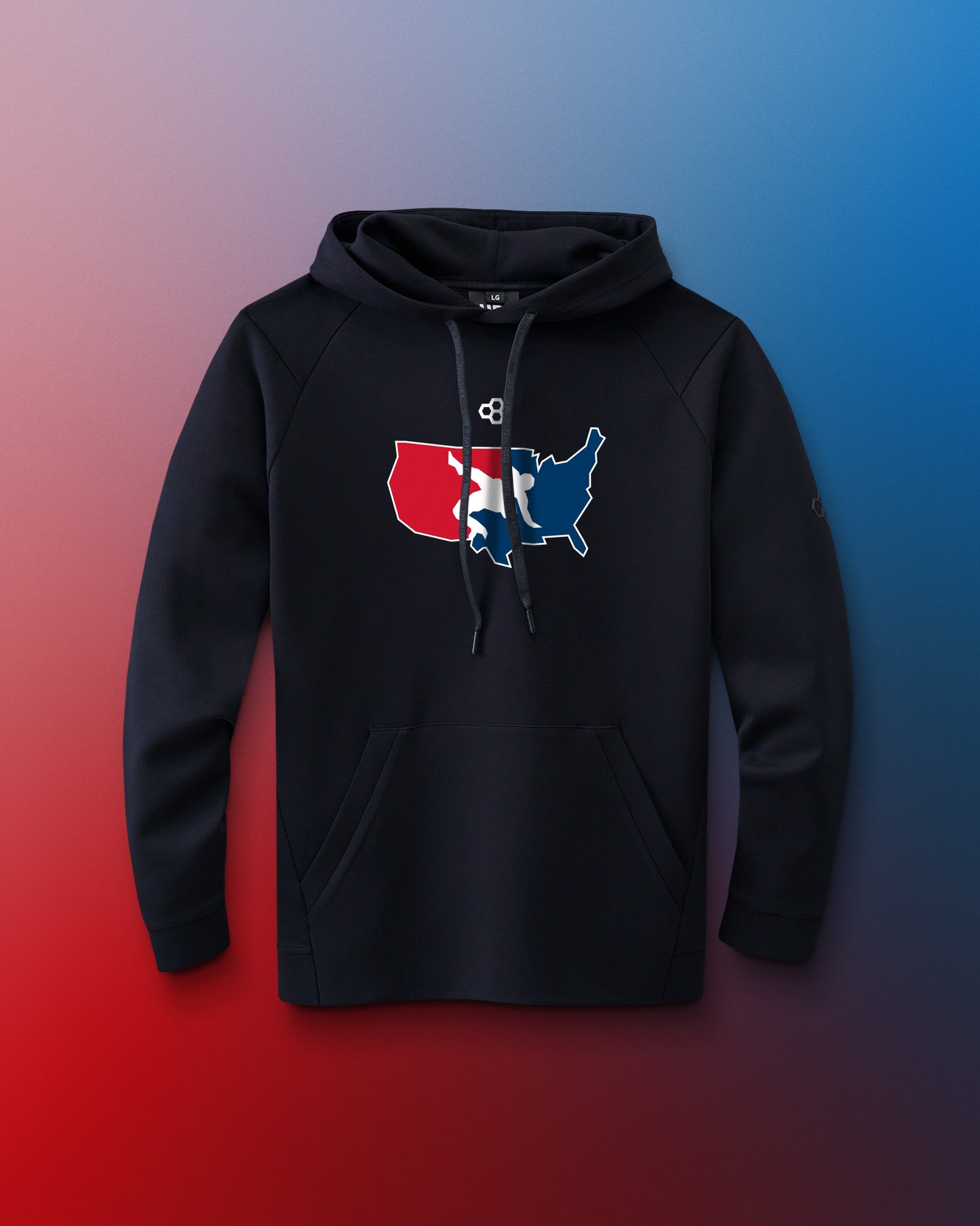 Black hoodie with a colorful  USA Wrestling logo graphic on a gradient background