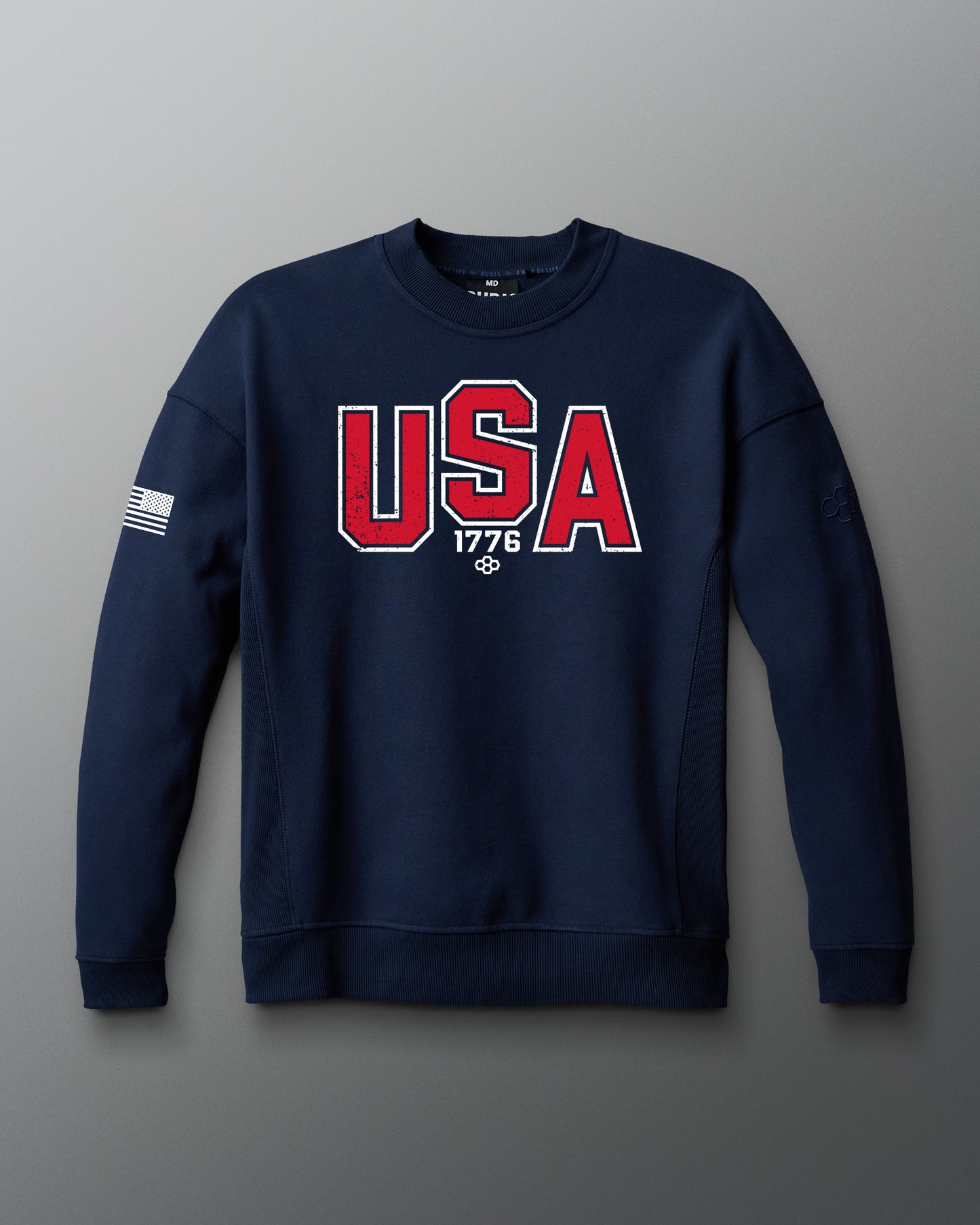 Navy blue sweatshirt with 'USA 1776' text on a gray background