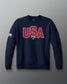 Navy blue sweatshirt with 'USA 1776' text on a gray background