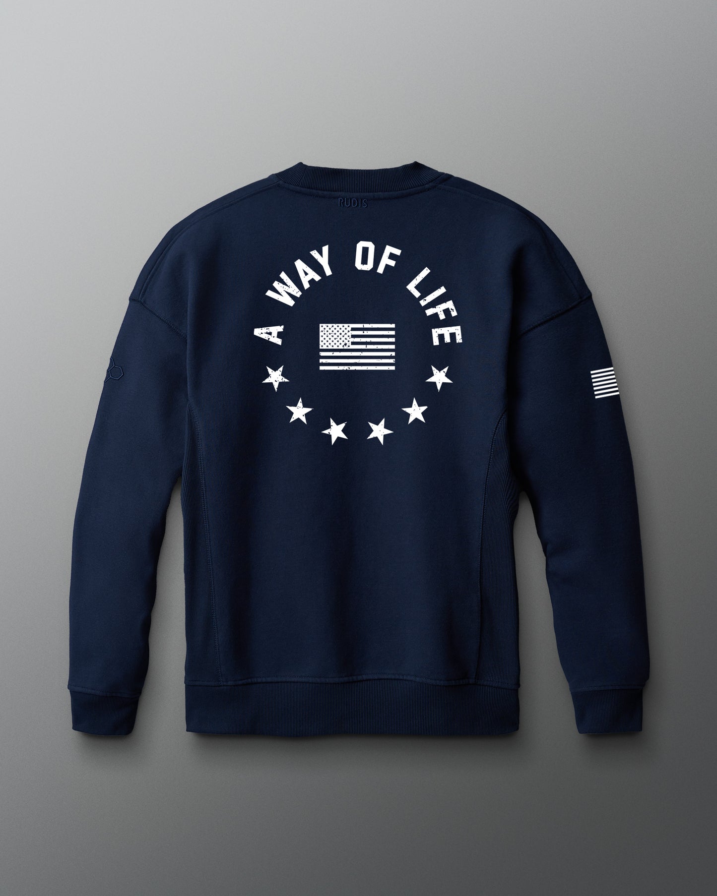 Navy blue sweatshirt with 'A Way of Life' and flag design on a gray background
