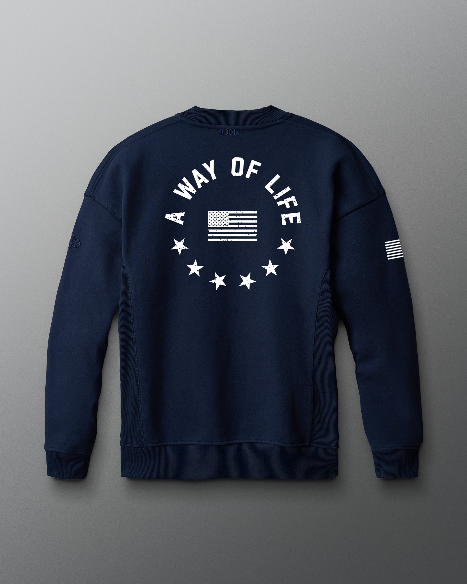 Navy blue sweatshirt with 'A Way of Life' and flag design on a gray background