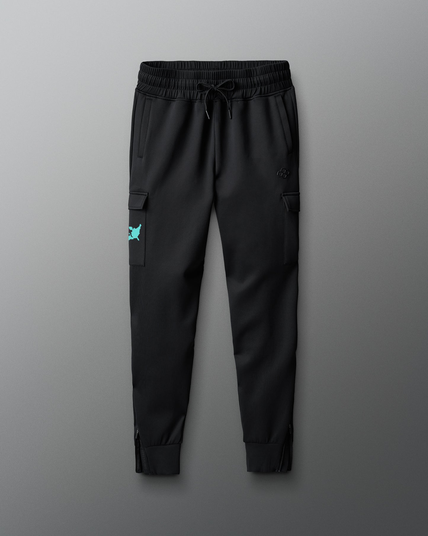 Black cargo pants on a gradient red to blue background