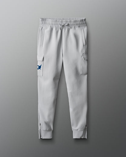 Light gray jogger pants with cargo pockets on a gray background