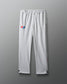 White pants with logos on a gray background