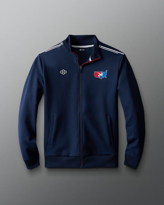 Navy blue jacket with logos on a gradient background