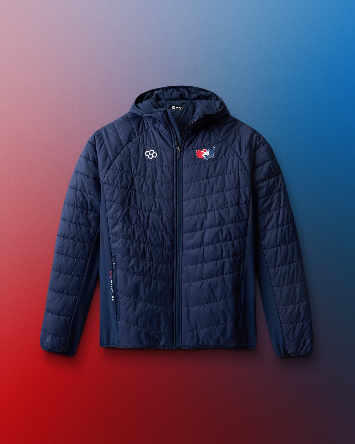 Navy blue puffer jacket with logos on a gradient background