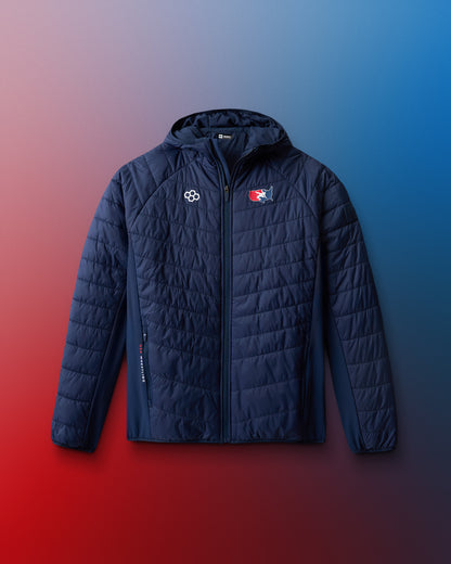 Navy blue puffer jacket with logos on a gradient background