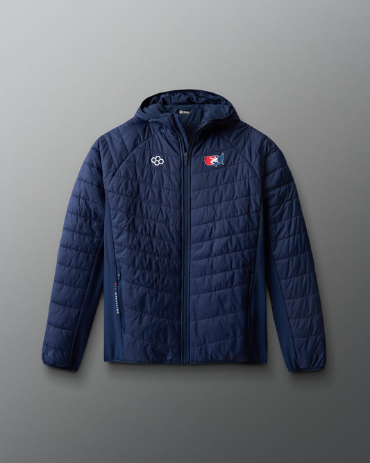 Navy blue puffer jacket with logos on a gradient background