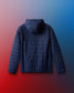 Dark blue quilted jacket on a gradient red to blue background
