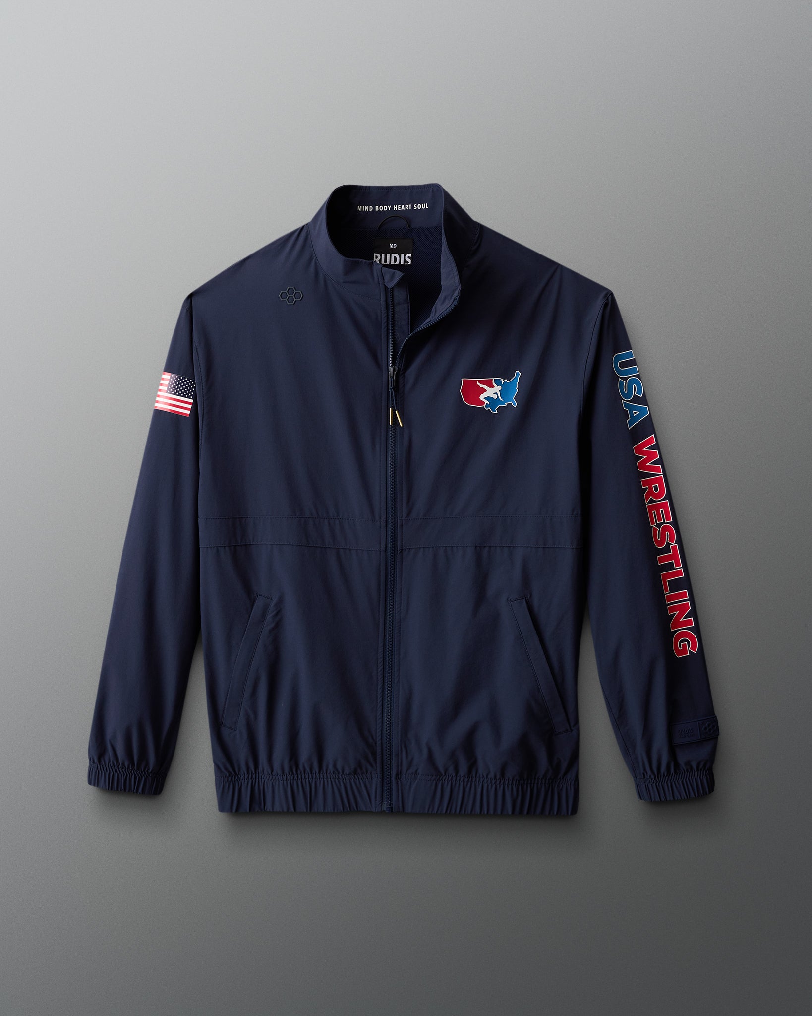 Navy blue jacket with USA Wrestling logo and text on a gray background