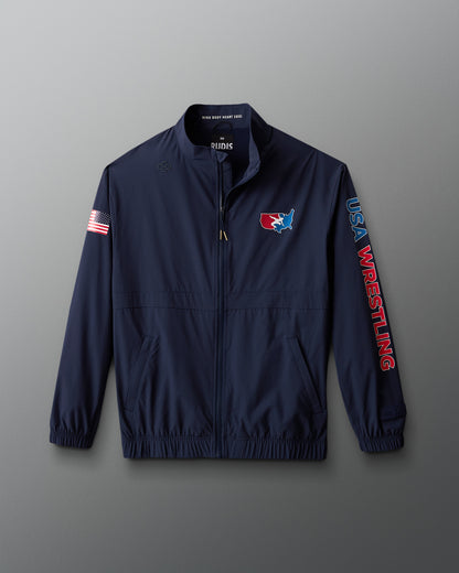 Navy blue jacket with USA Wrestling logo and text on a gray background