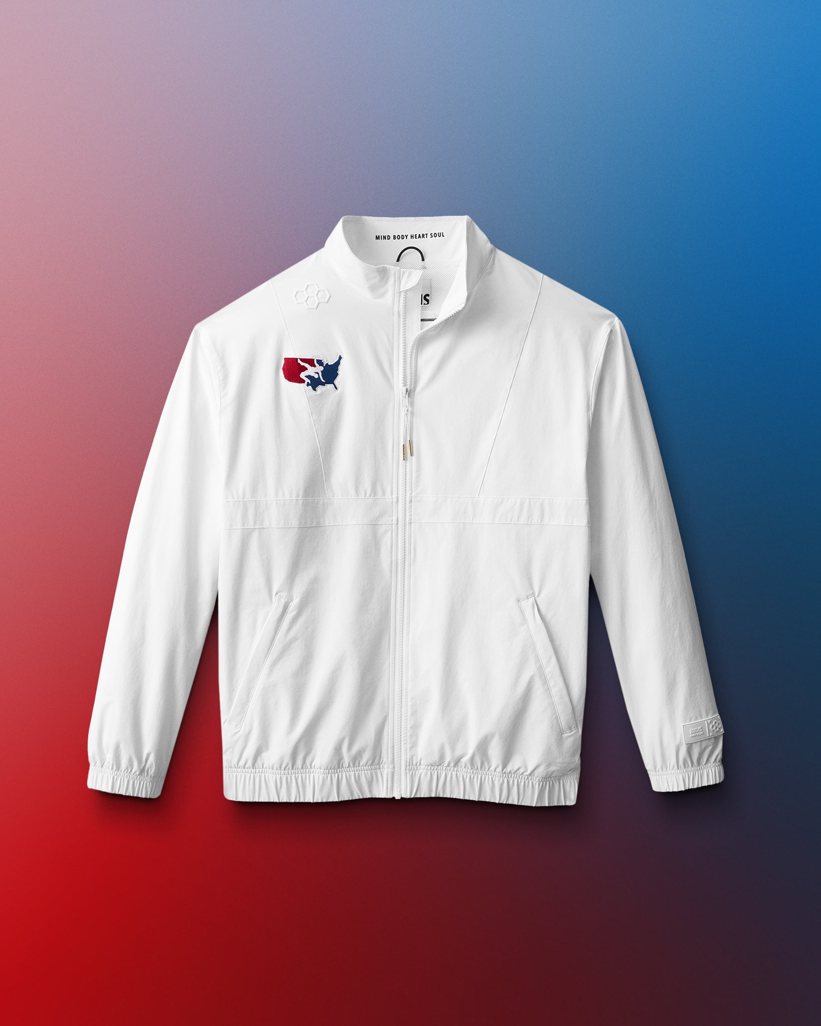 White jacket with a USA Wrestling logo on a gradient blue to red background