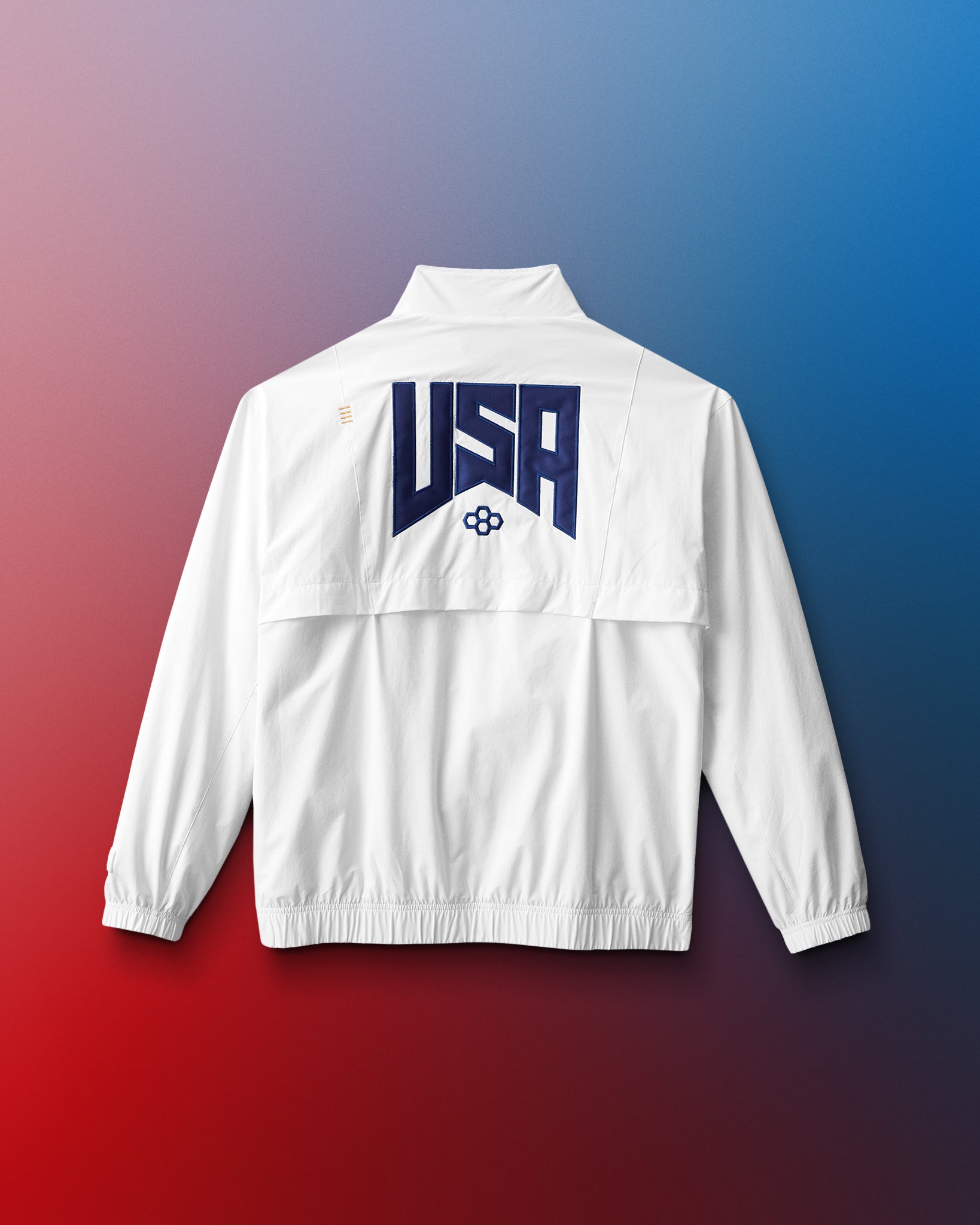 White jacket with 'USA' logo on a red and blue gradient background
