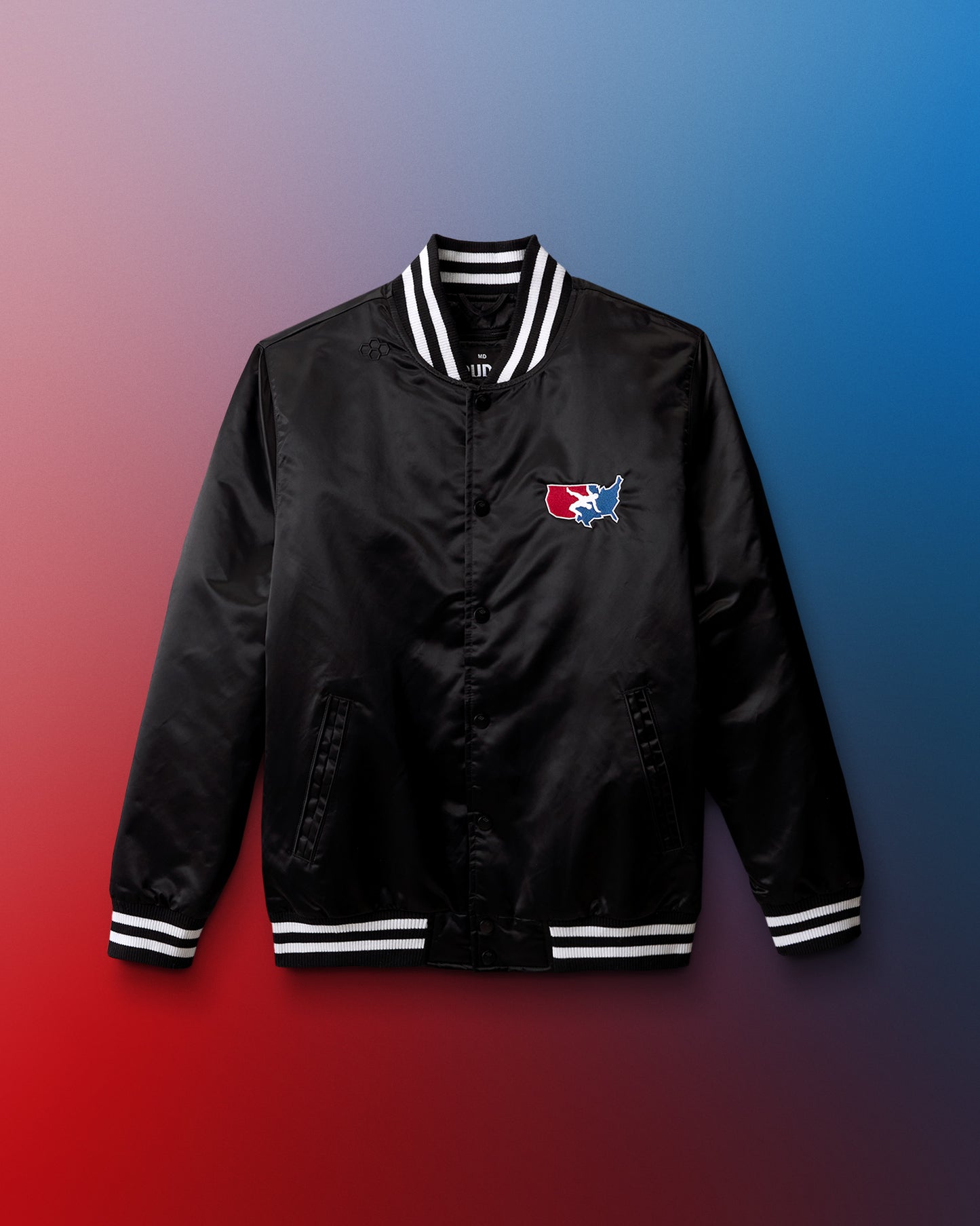 Black jacket with a USA Wrestling logo on a gradient background