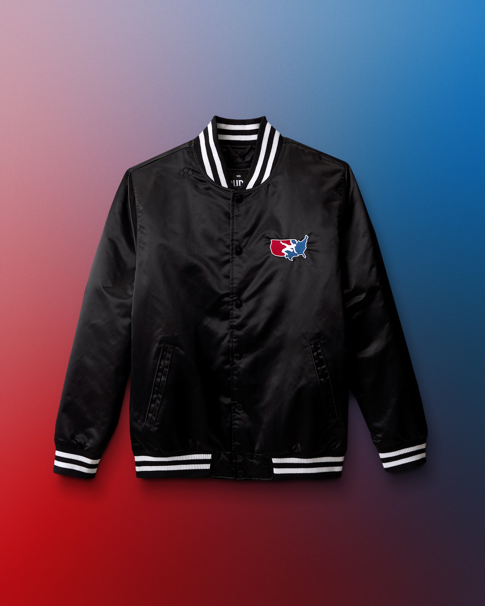 Black jacket with a USA Wrestling logo on a gradient background