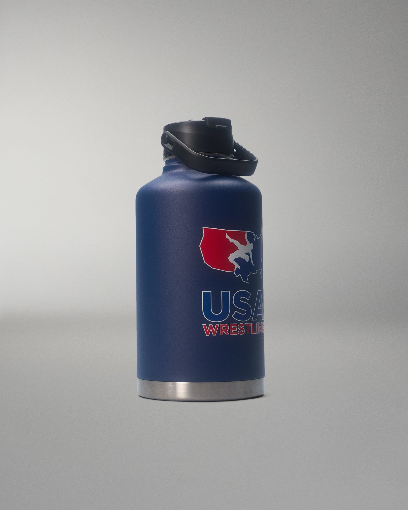 Navy blue water bottle with USA Wrestling logo on a gray background