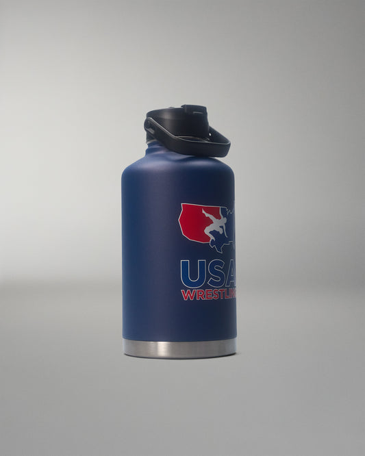 Navy blue water bottle with USA Wrestling logo on a gray background