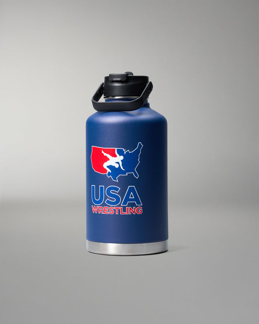 Navy blue water bottle with USA Wrestling logo on a gray background