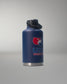 Navy blue water bottle with USA Wrestling logo on a gray background