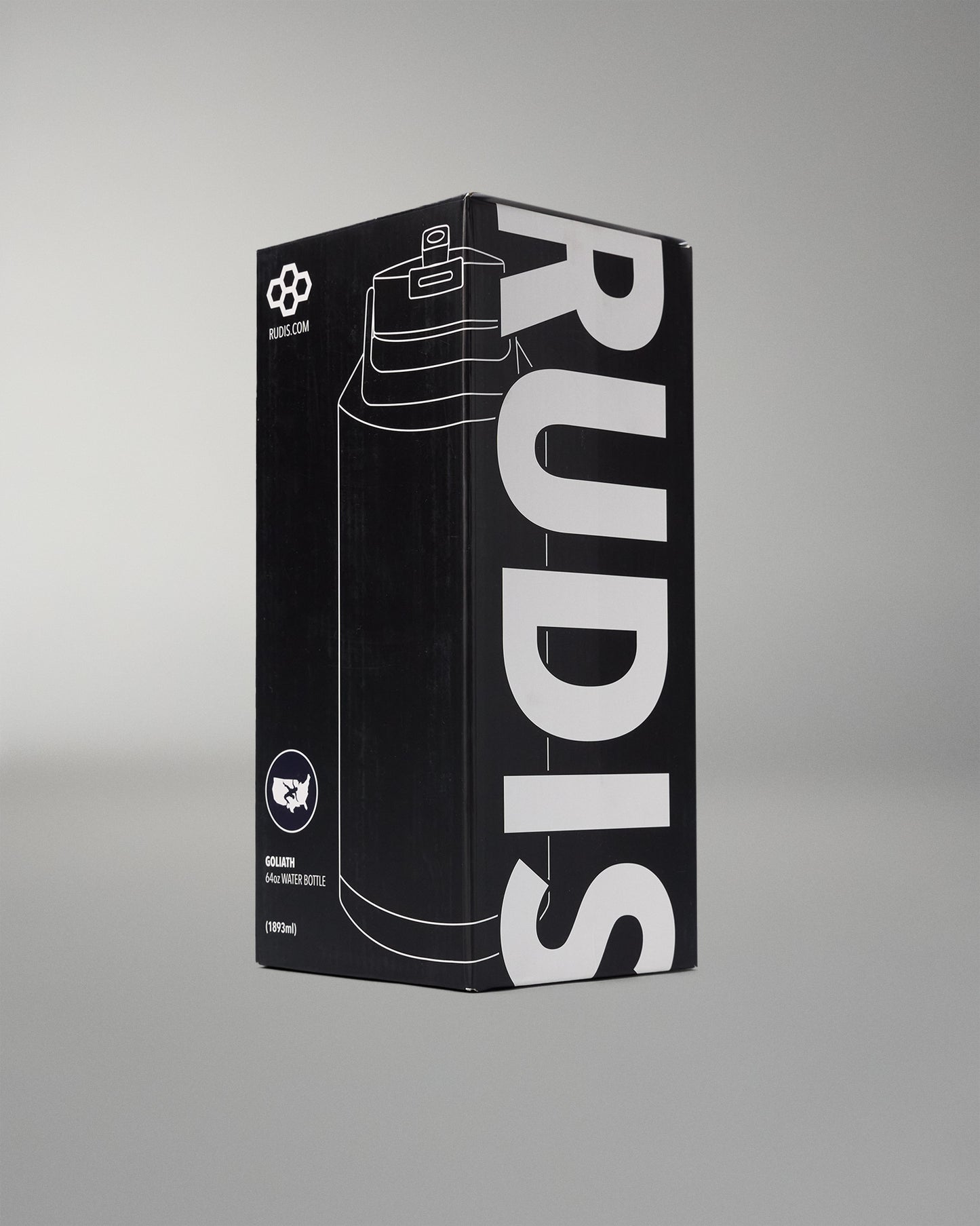 Black RUDIS packaging box on a gray background