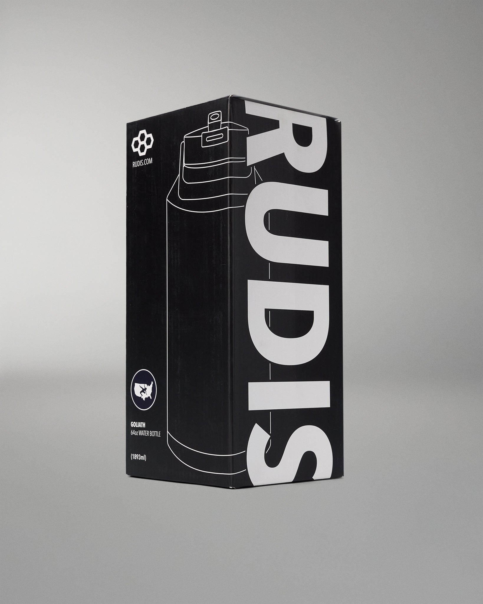 Black RUDIS packaging box on a gray background