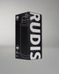 Black RUDIS packaging box on a gray background