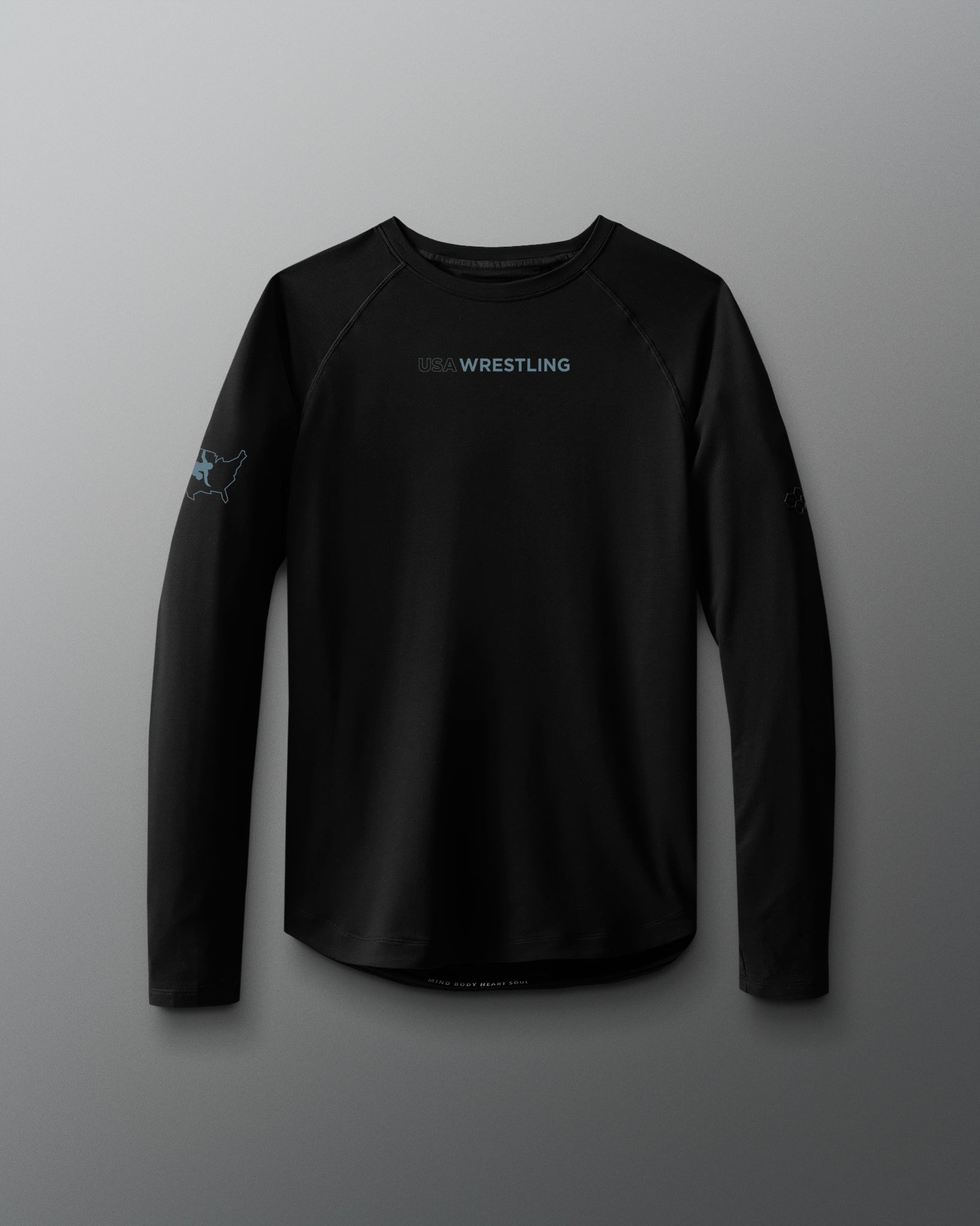 Black long-sleeve shirt with 'USA Wrestling' logo on a gradient background