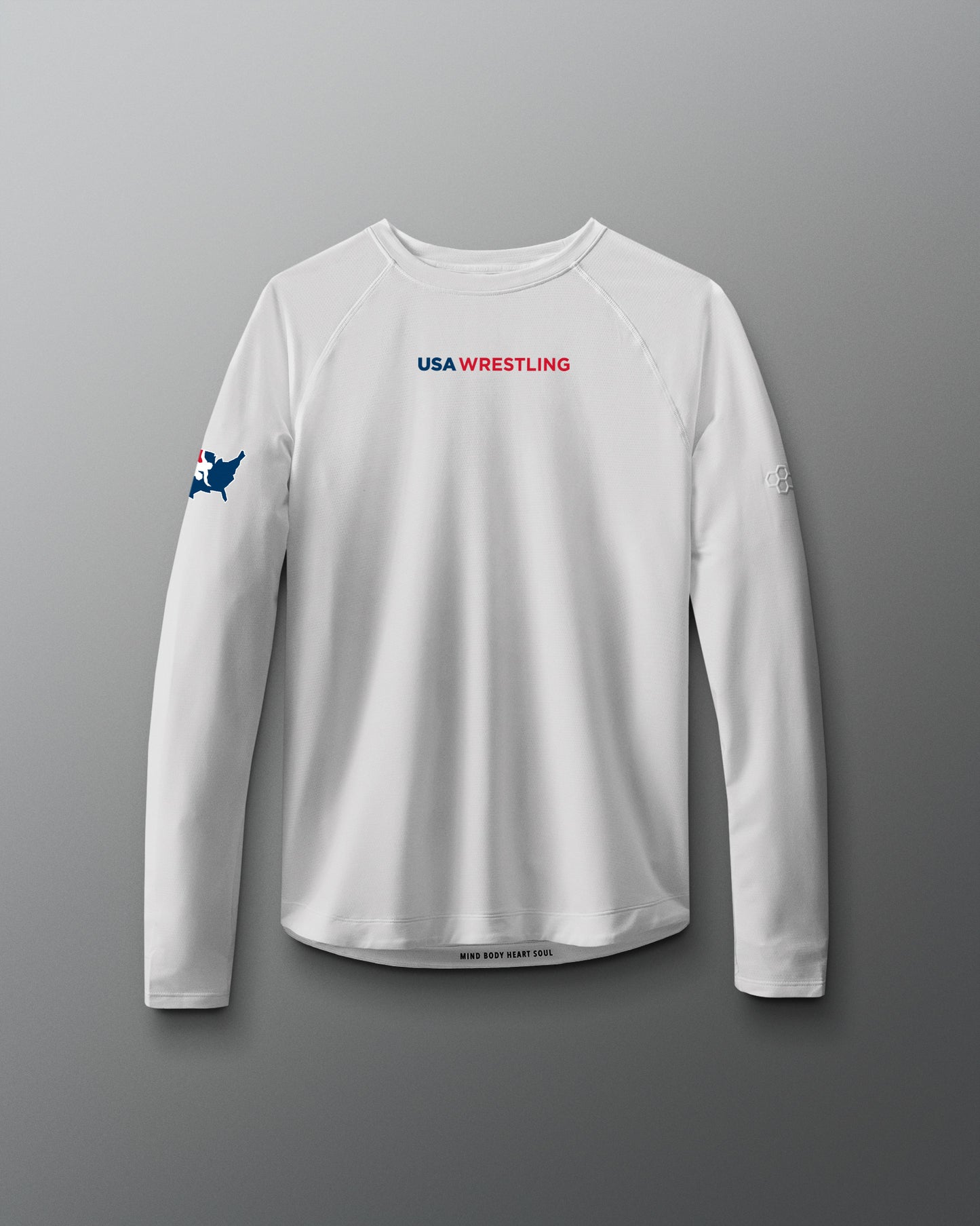 White long-sleeve shirt with USA Wrestling logo on a gradient background