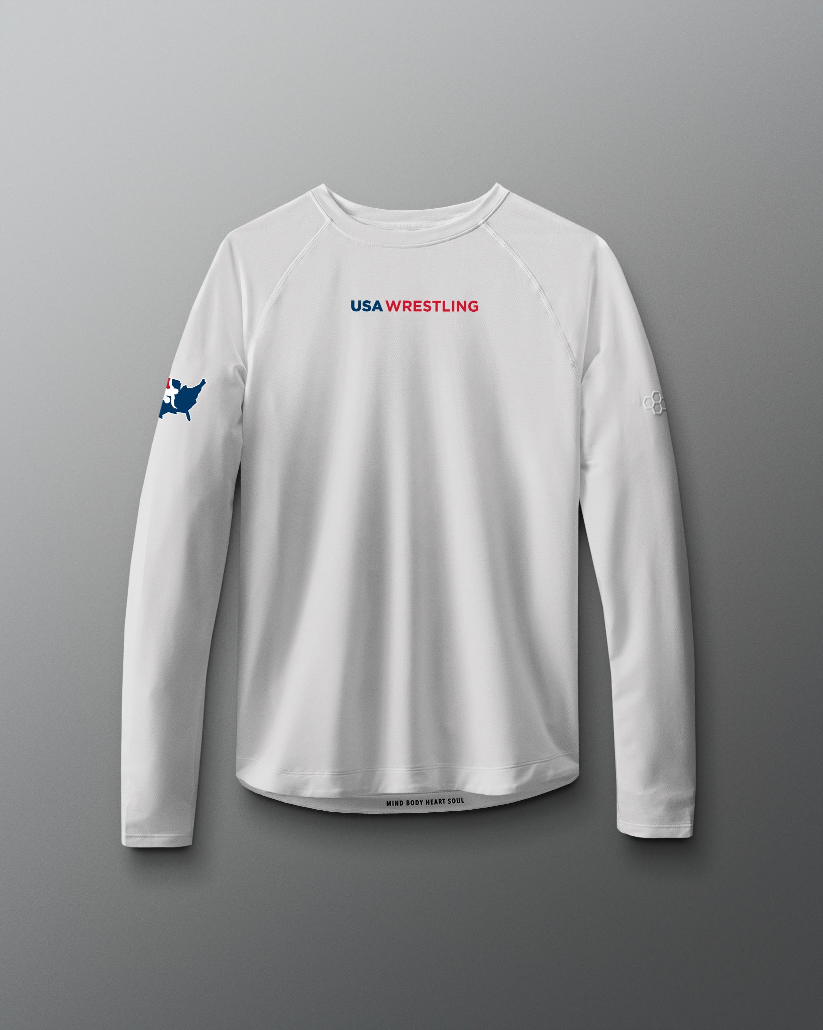 White long-sleeve shirt with USA Wrestling logo on a gradient background