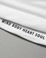 Close up of MIND BODY HEART SOUL black text on white garment background