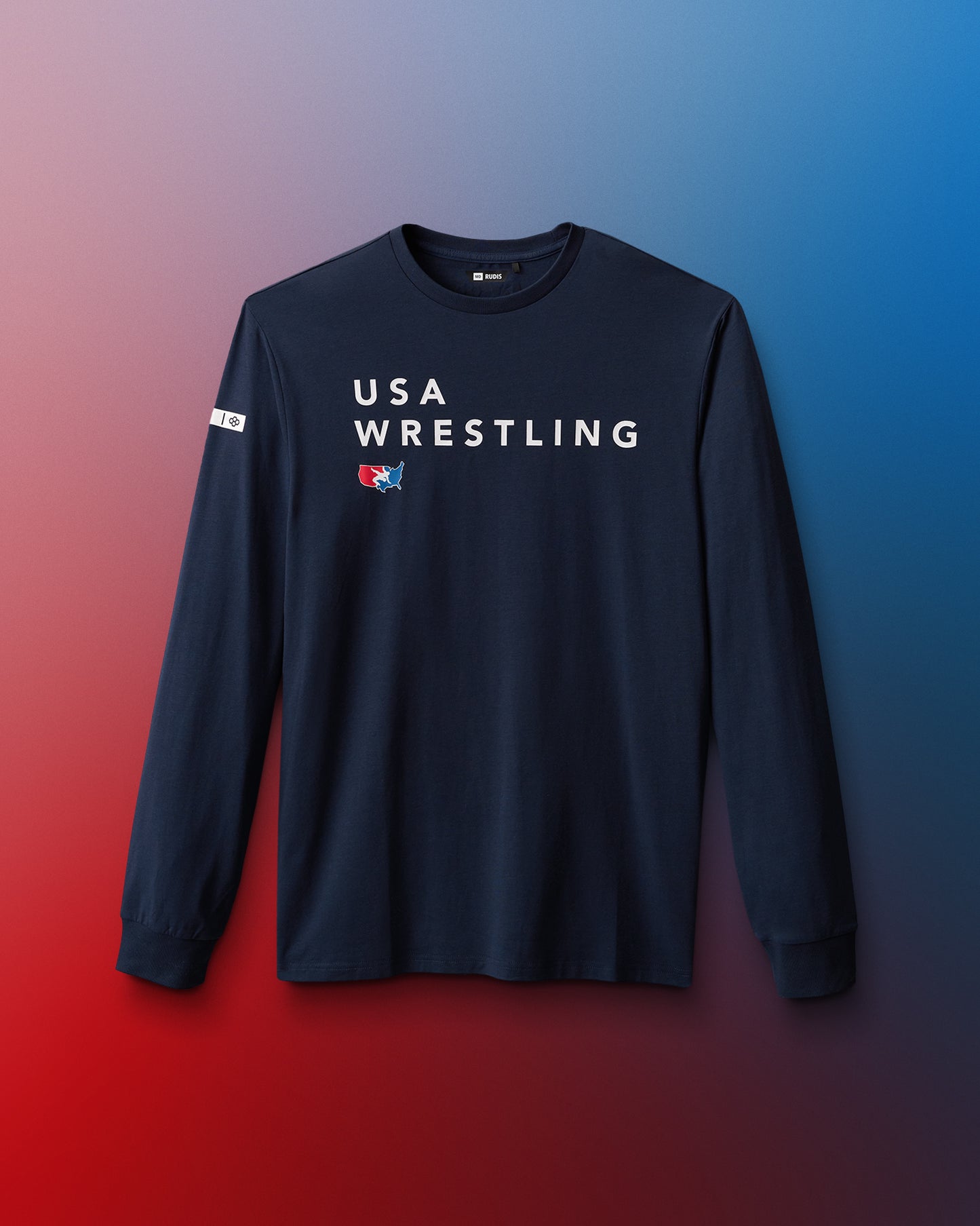 Black long-sleeve shirt with USA Wrestling logo on a gradient background