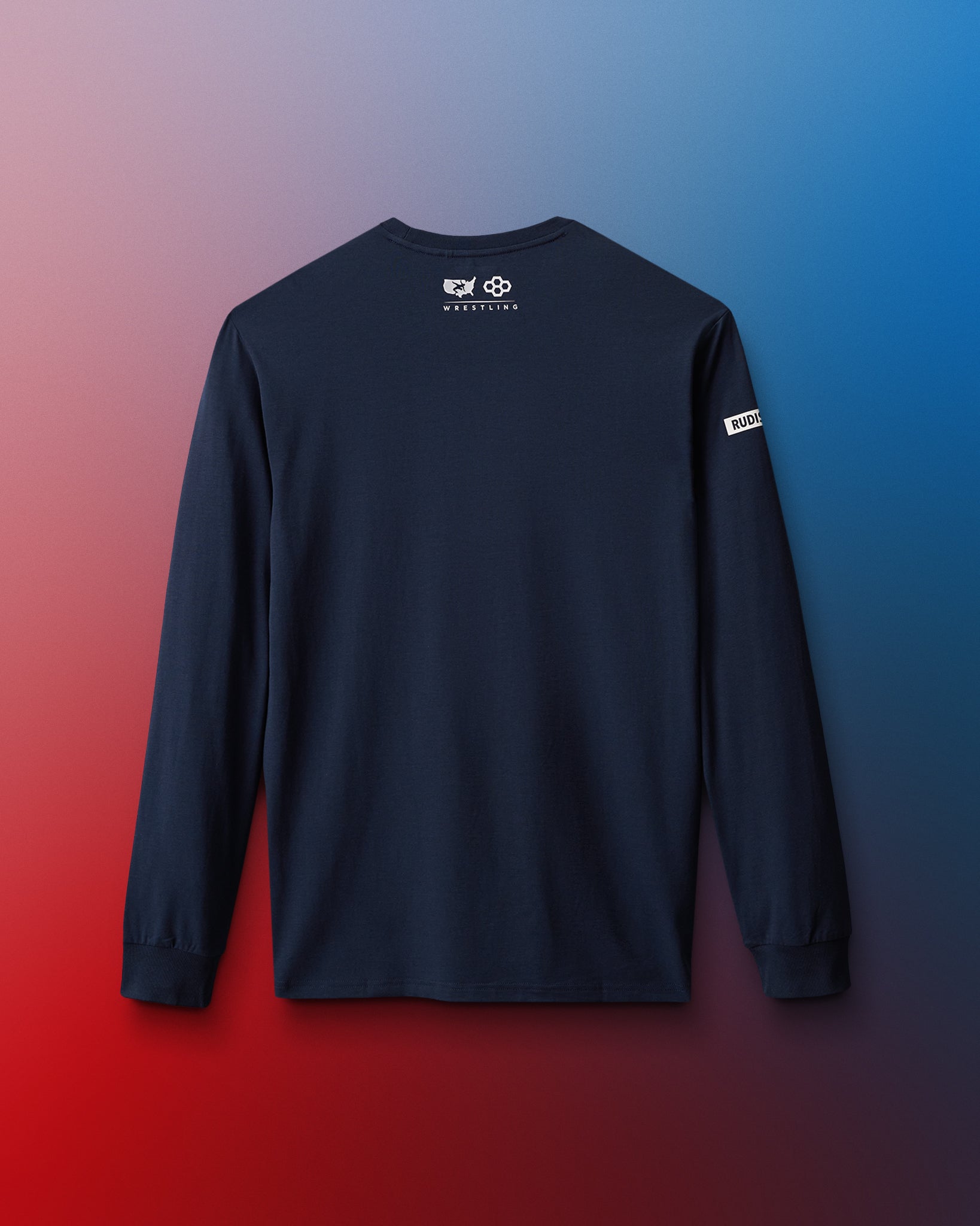 Navy long-sleeve shirt with logos on a gradient red to blue background