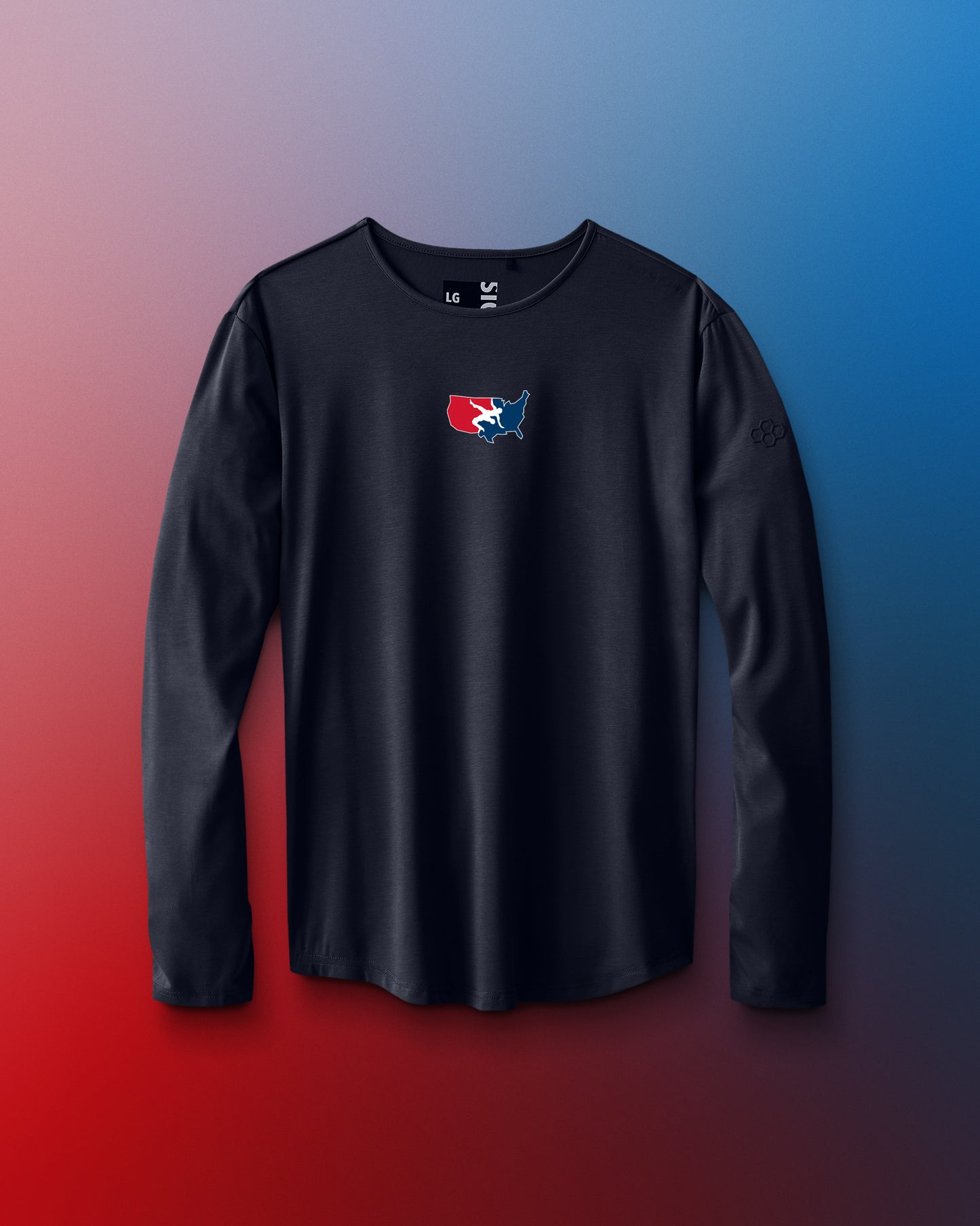 Black long-sleeve shirt with a logo on a gradient background