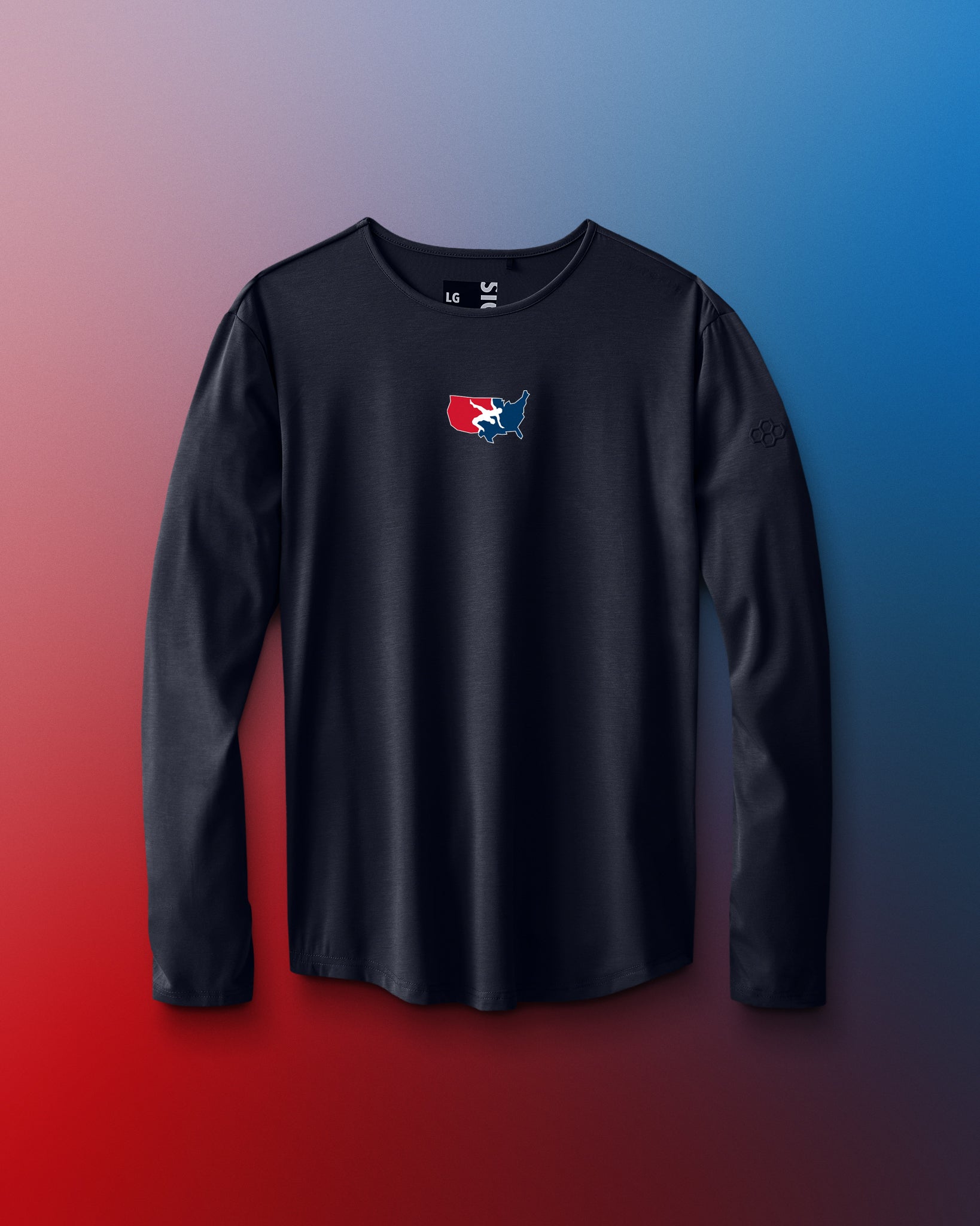 Black long-sleeve shirt with a logo on a gradient background