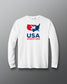 White long-sleeve shirt with USA Wrestling logo on a red and blue gradient background