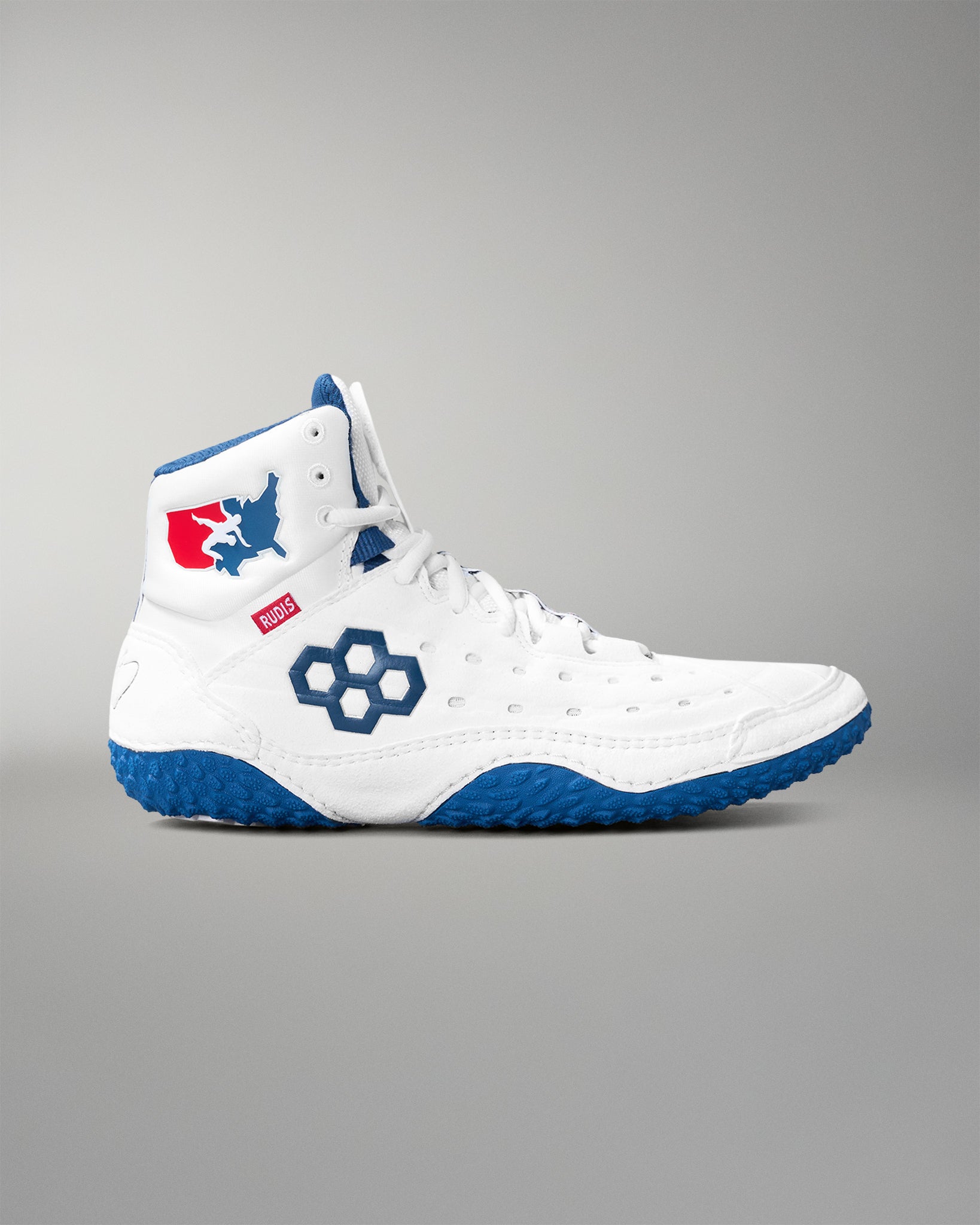 White wrestling shoe with blue accents on a gray background