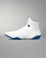 White wrestling shoe with blue soles on a gray background