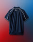back of blue polo shirt. Shirt has white trim along the shoulder line.