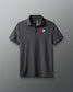 Gray polo shirt with a logo on a gradient blue and white background