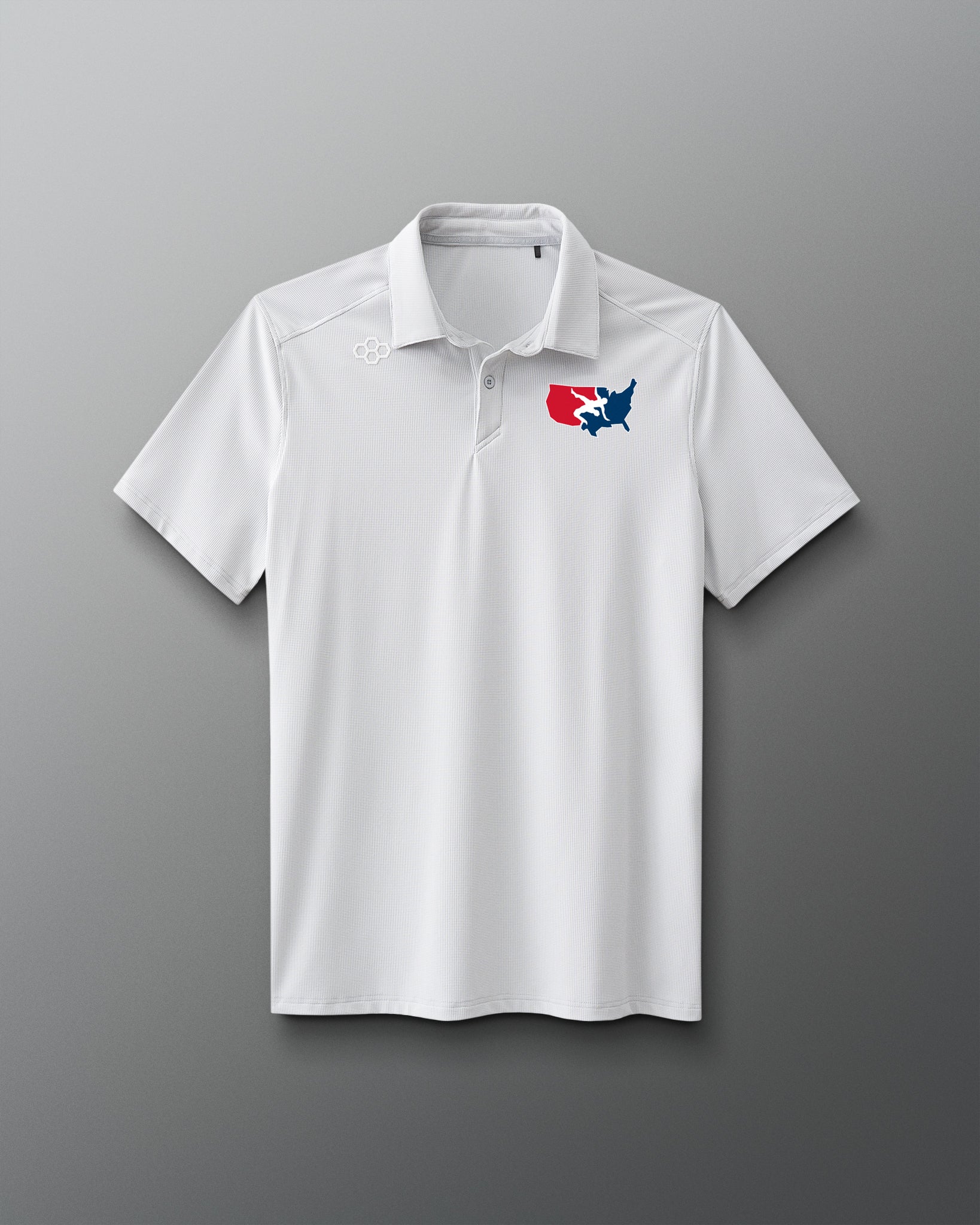 A white polo shirt with a graphic USA Wrestling logo on the chest.