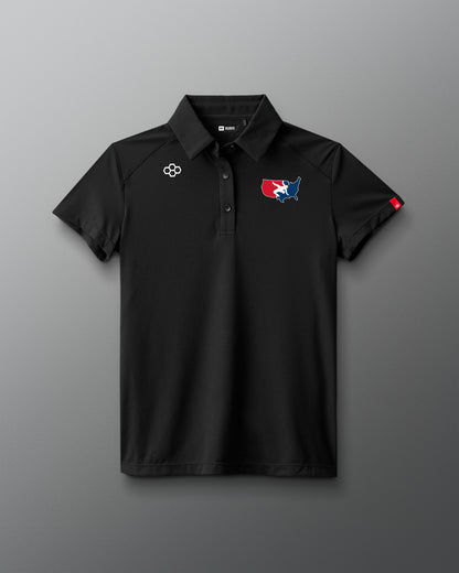 Black polo shirt with logos on a gray background