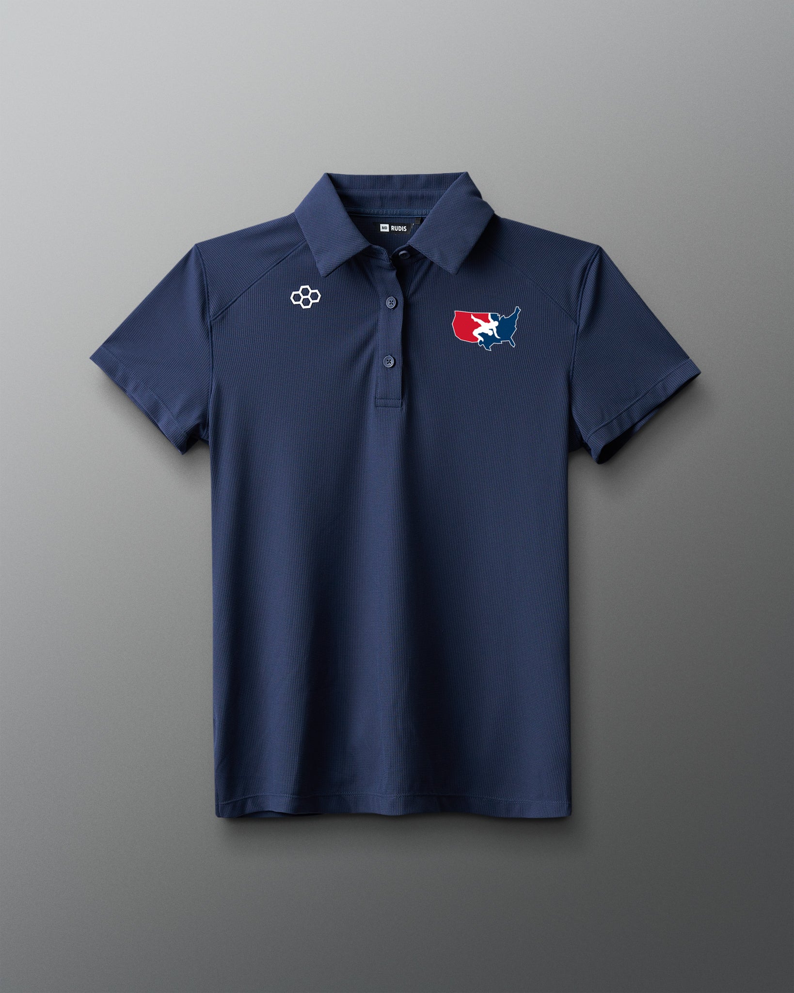 Navy blue polo shirt with logos on a gray background