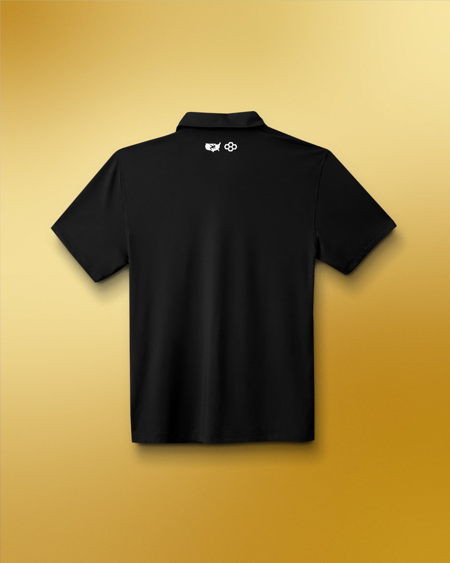 Black polo shirt with a logo on the back against a yellow background