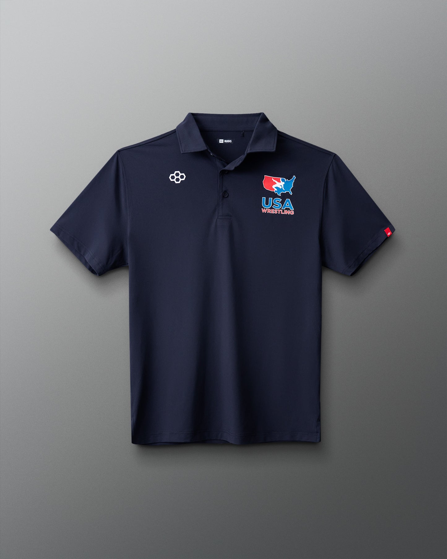 Navy blue polo shirt with USA logo on a yellow background
