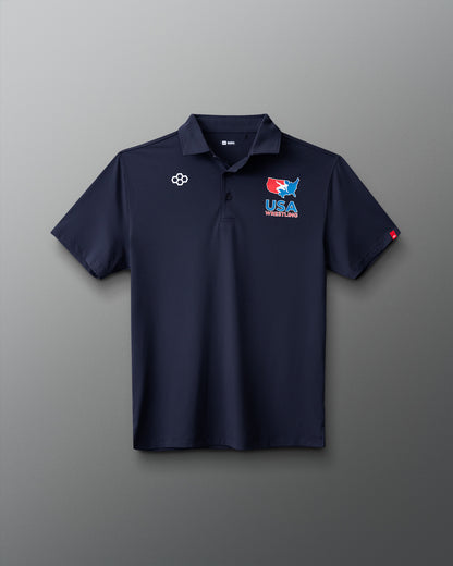 Navy blue polo shirt with USA logo on a yellow background