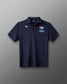 Navy blue polo shirt with USA logo on a yellow background