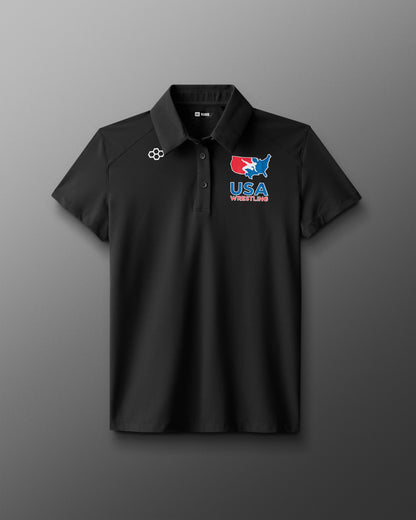 Black polo shirt with USA logo on a gray background