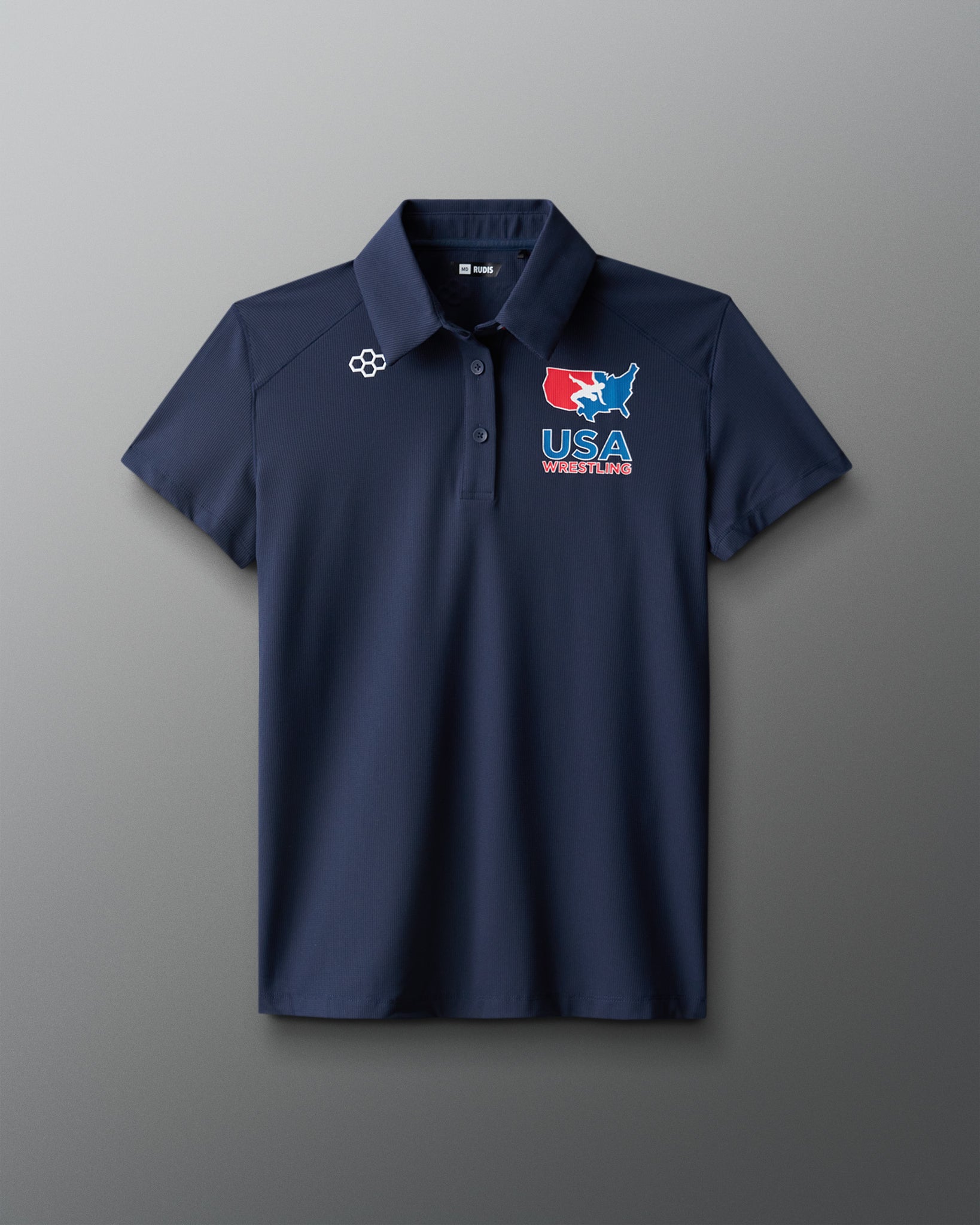 Navy blue polo shirt with USA logo on a gray background